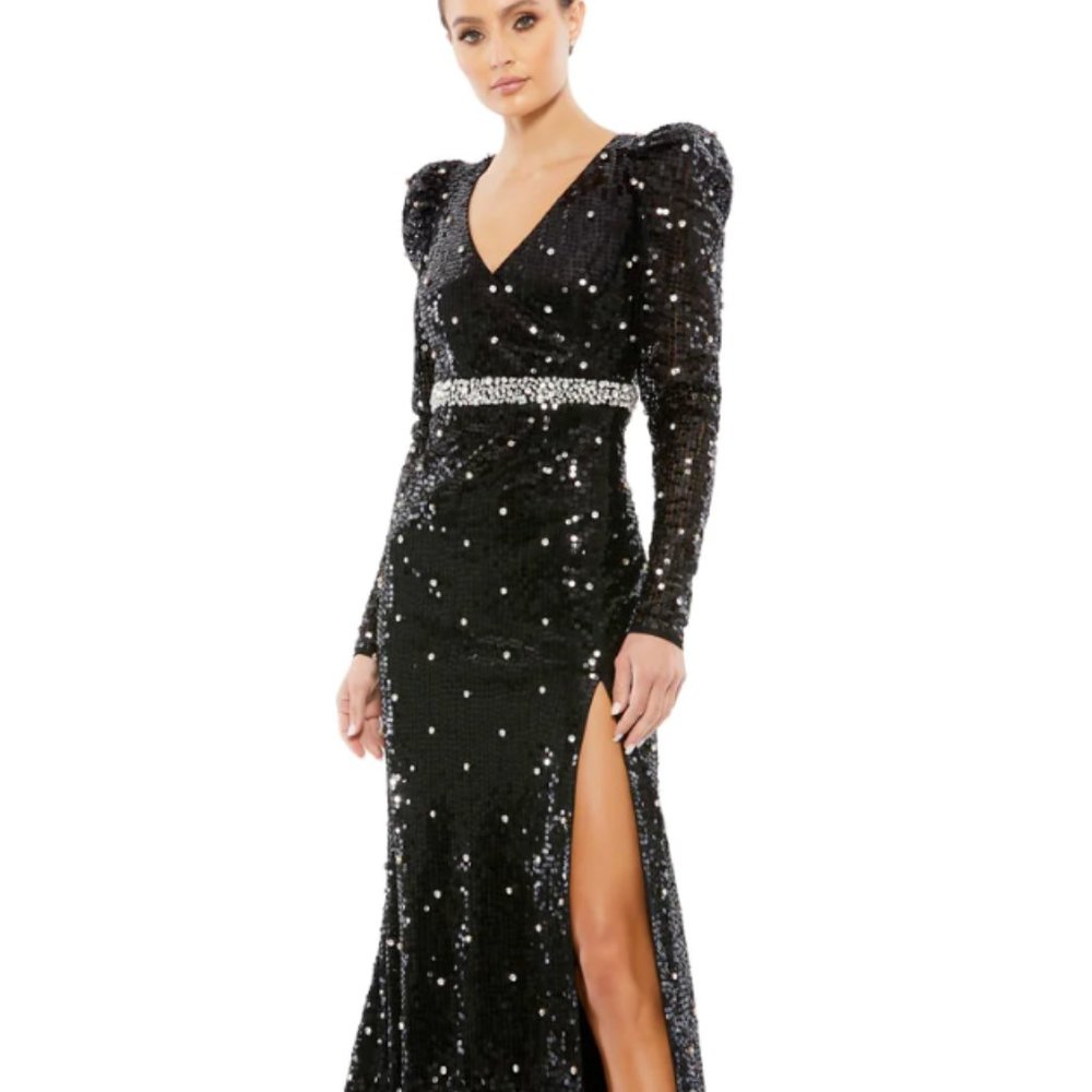 MAC DUGGAL 10736 SEQUINED FAUX WRAP PUFF SLEEVE TRUMPET BLACK GOWN sz 12